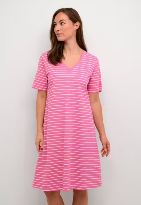 V-Neck Stripe Cotton Dress | Fuschia White Short Sleeve Western Wear