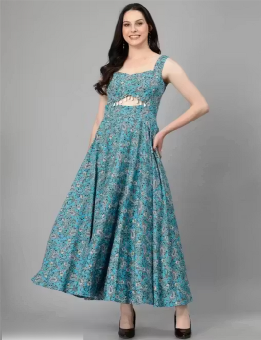 Aqua Blue Floral Crepe Maxi Dress | Sleeveless Party Wear Long Dress