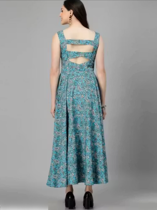 Aqua Blue Floral Crepe Maxi Dress | Sleeveless Party Wear Long Dress