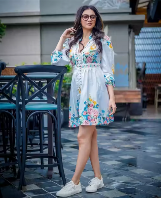 Floral Puff Sleeve Rayon Dress | Stylish Printed Western Wear