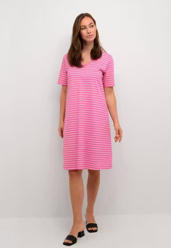 V-Neck Stripe Cotton Dress | Fuschia White Short Sleeve Western Wear