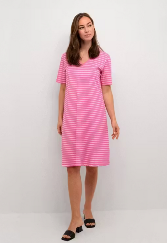 V-Neck Stripe Cotton Dress | Fuschia White Short Sleeve Western Wear
