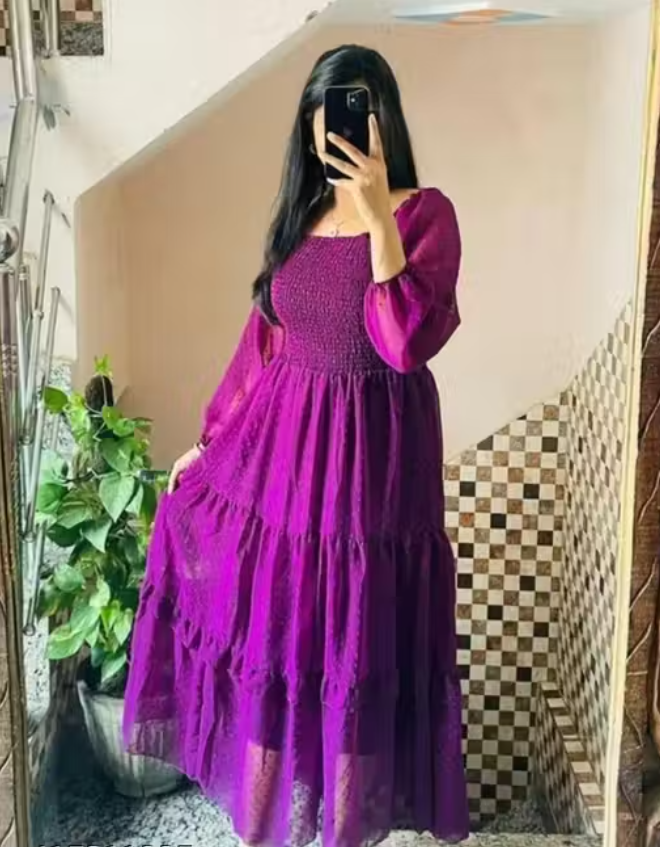 Solid Georgette A-Line Midi Dress | Stylish Square Neck Party Wear