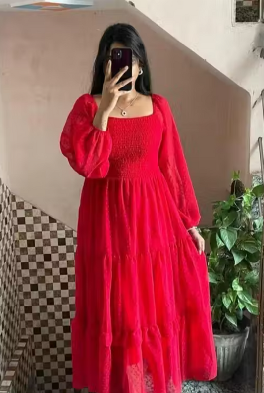 Solid Georgette A-Line Midi Dress | Stylish Square Neck Party Wear