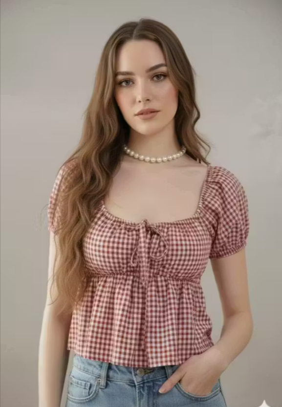 Women Red Checkered Puff Sleeve Tie-Up Crop Top